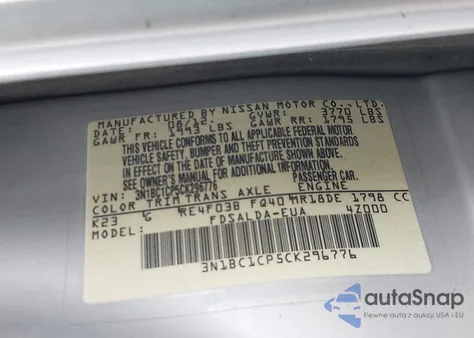 2012 Nissan Versa 1.8 S z USA, uszkodzony, nr VIN 3N1BC1CP5CK296776